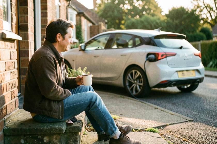 Person with a mug on a front step while their electric car charges