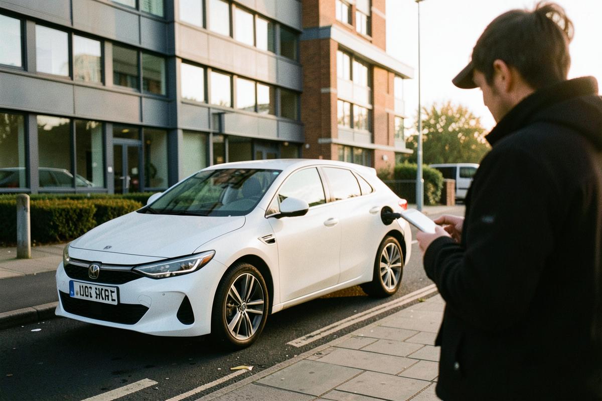 Electric car charging beside a UK office while a person checks a phone