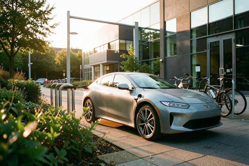 Electric car charging next to a bike rack outside a UK workplace