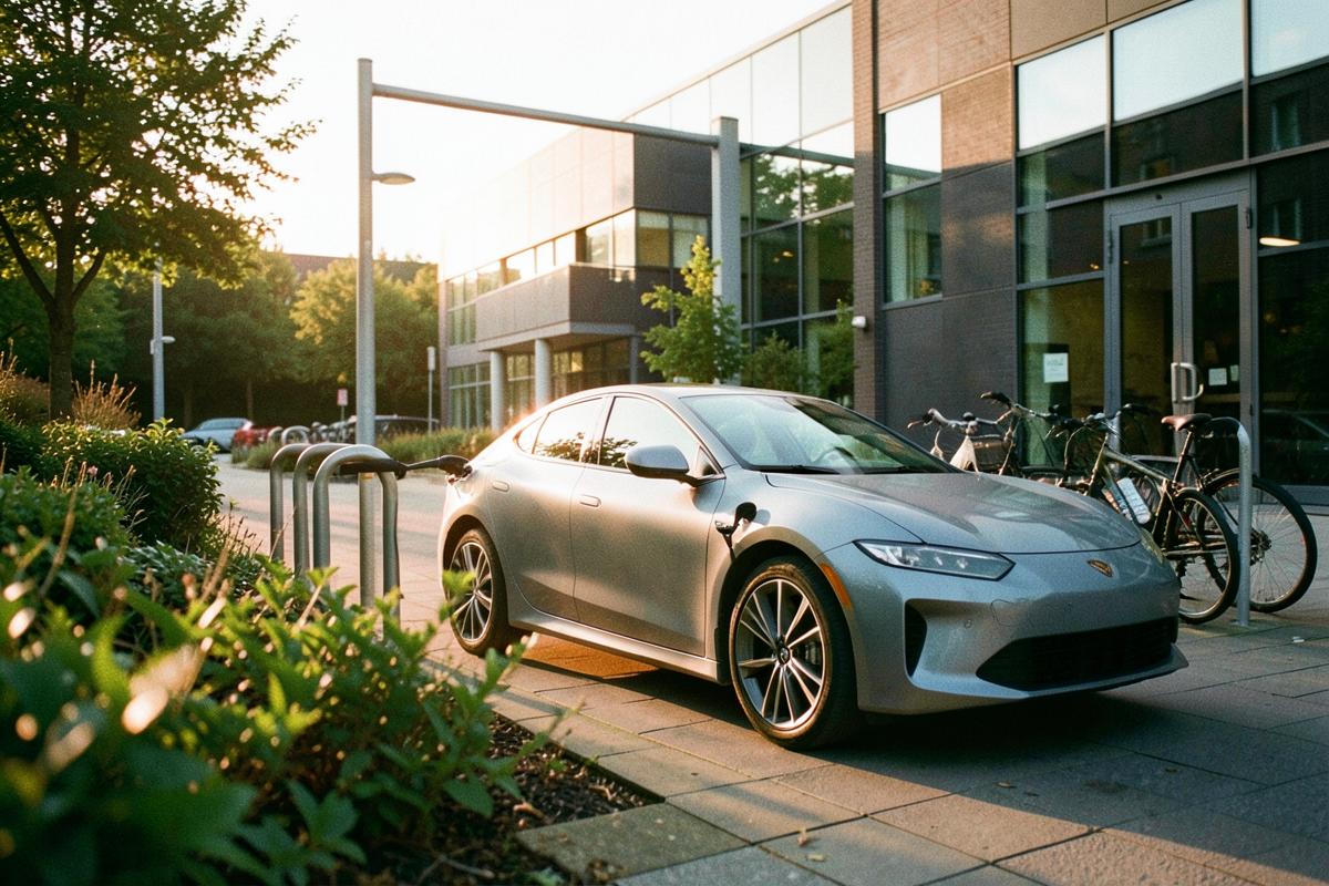Electric car charging next to a bike rack outside a UK workplace