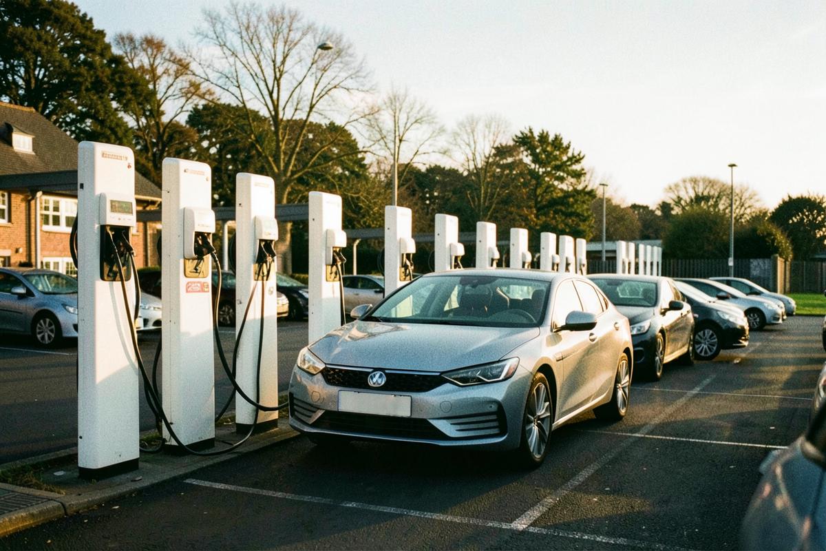 Electric car charging at a row of rapid chargers in a UK car park