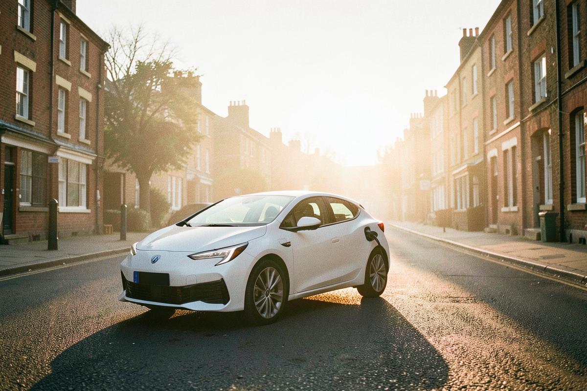Electric car charging on an empty British street at sunrise