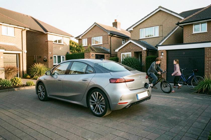 Electric car plugged in on a modern British housing estate driveway