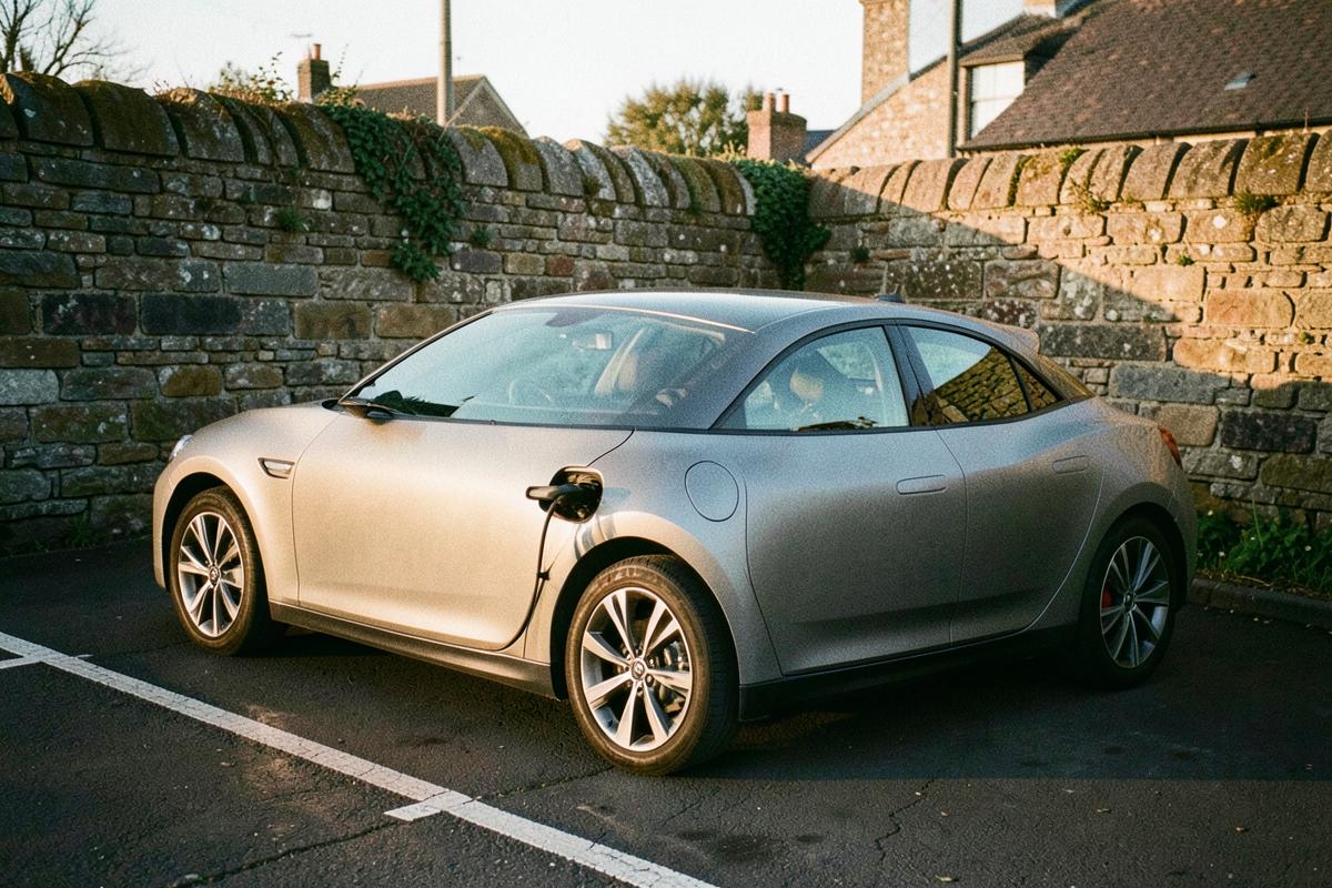 Electric car charging in a village car park beside a stone wall