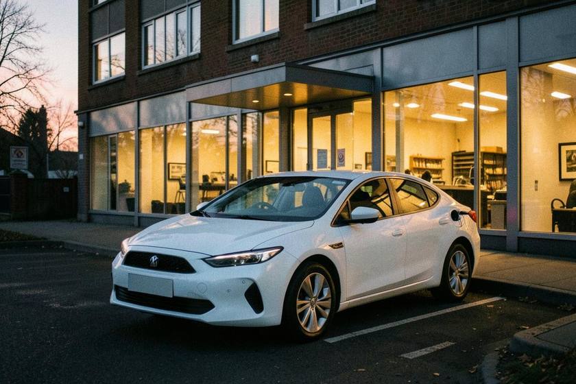 Electric car charging outside a UK office at dawn
