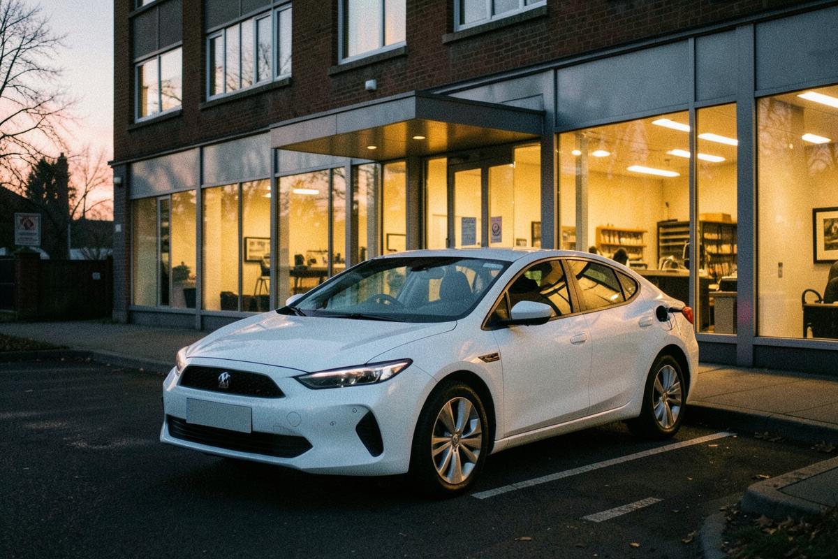 Electric car charging outside a UK office at dawn