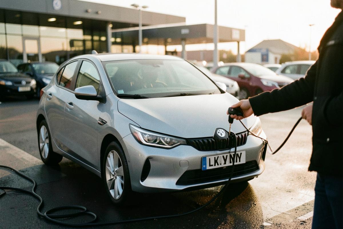 Driver with keys beside a brand-new electric car on a UK forecourt