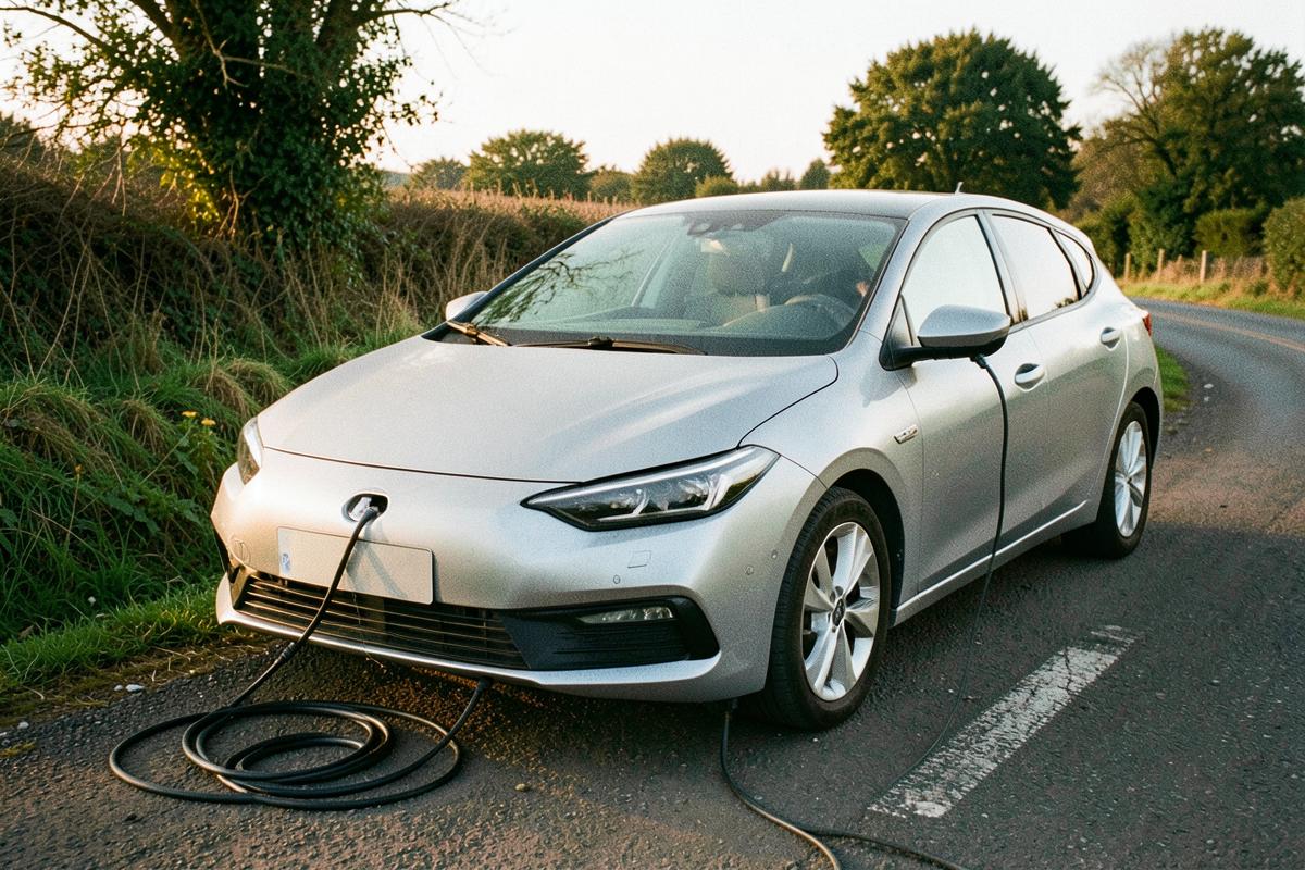 Electric car charging in a layby on a British country road
