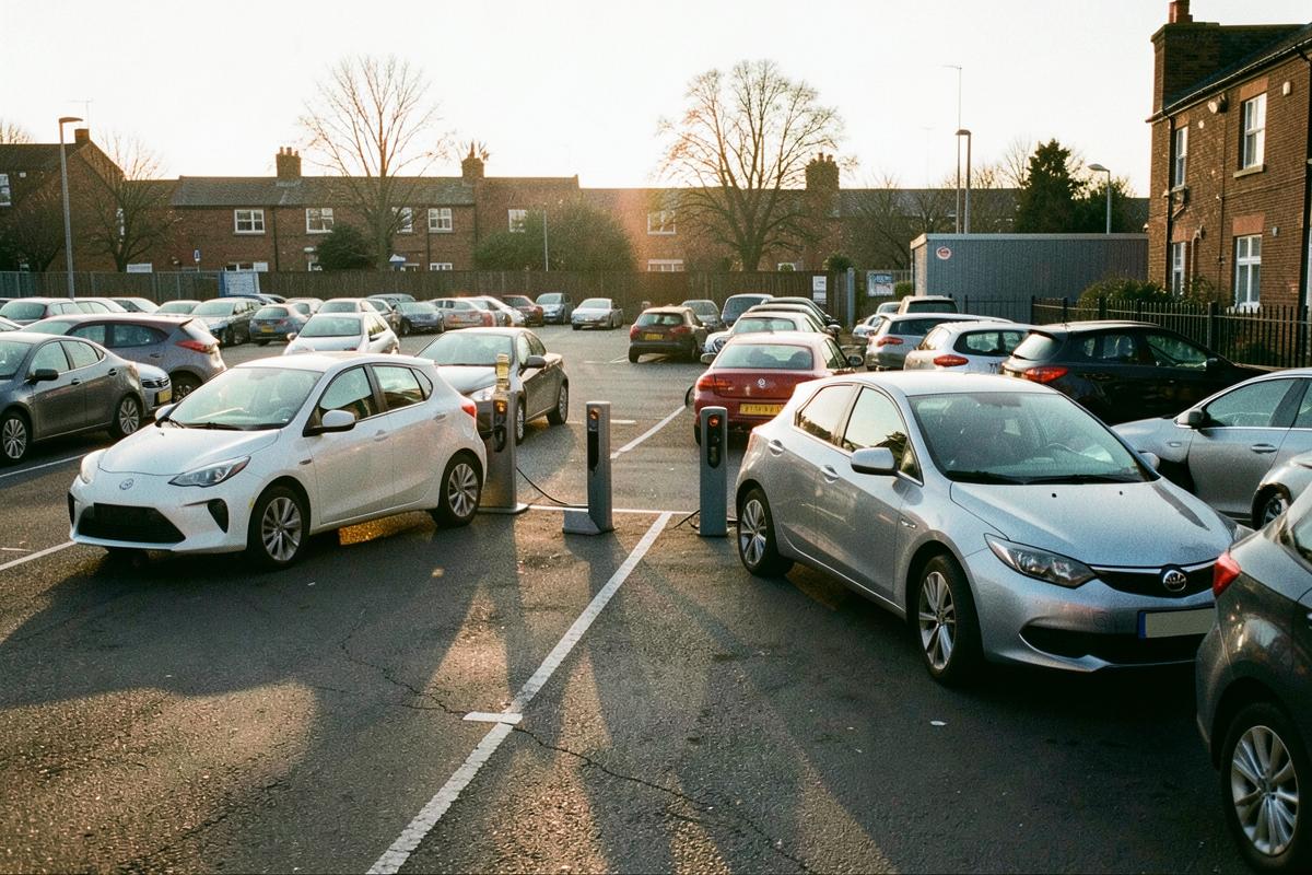 Busy UK workplace car park with two occupied electric car charging bays