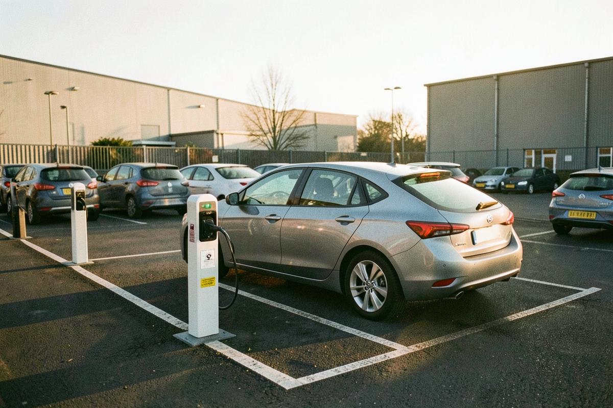 Electric car plugged into newly installed workplace charging posts